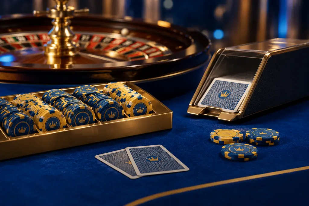 Perangkat kasino di atas meja dengan roda roulette di belakang