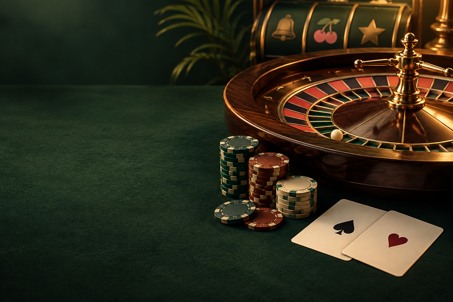Ilustrasi roda roulette, kartu dan keping kasino