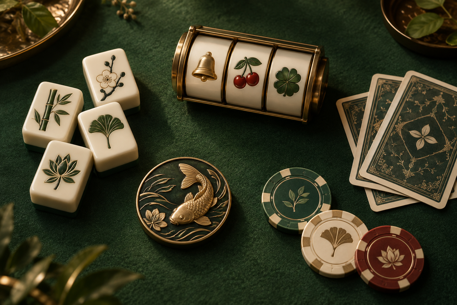 Ilustrasi perangkat slot, kartu dan keping kasino